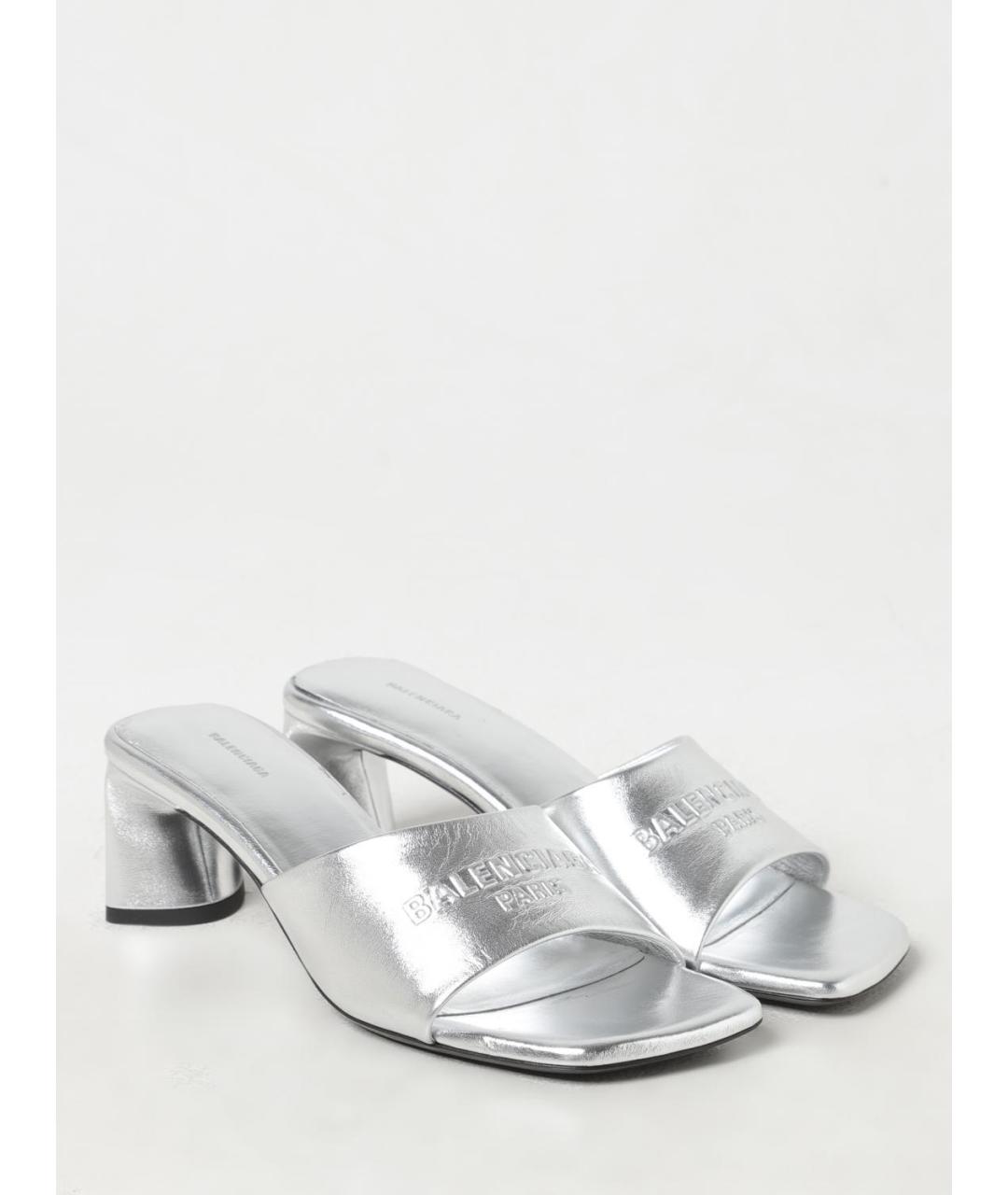 BALENCIAGA Серебряные кожаные мюли, фото 2