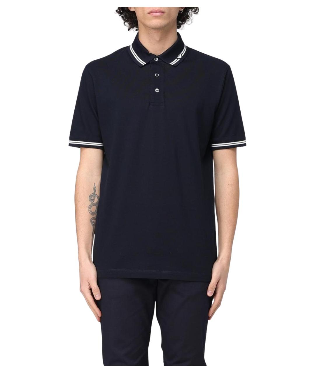 EMPORIO ARMANI Темно-синее хлопковое поло с коротким рукавом, фото 1