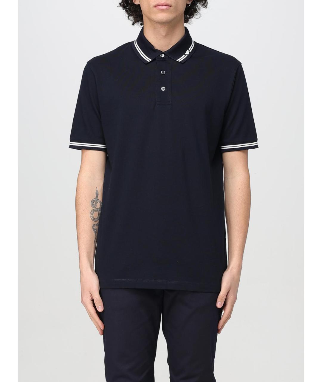 EMPORIO ARMANI Темно-синее хлопковое поло с коротким рукавом, фото 4