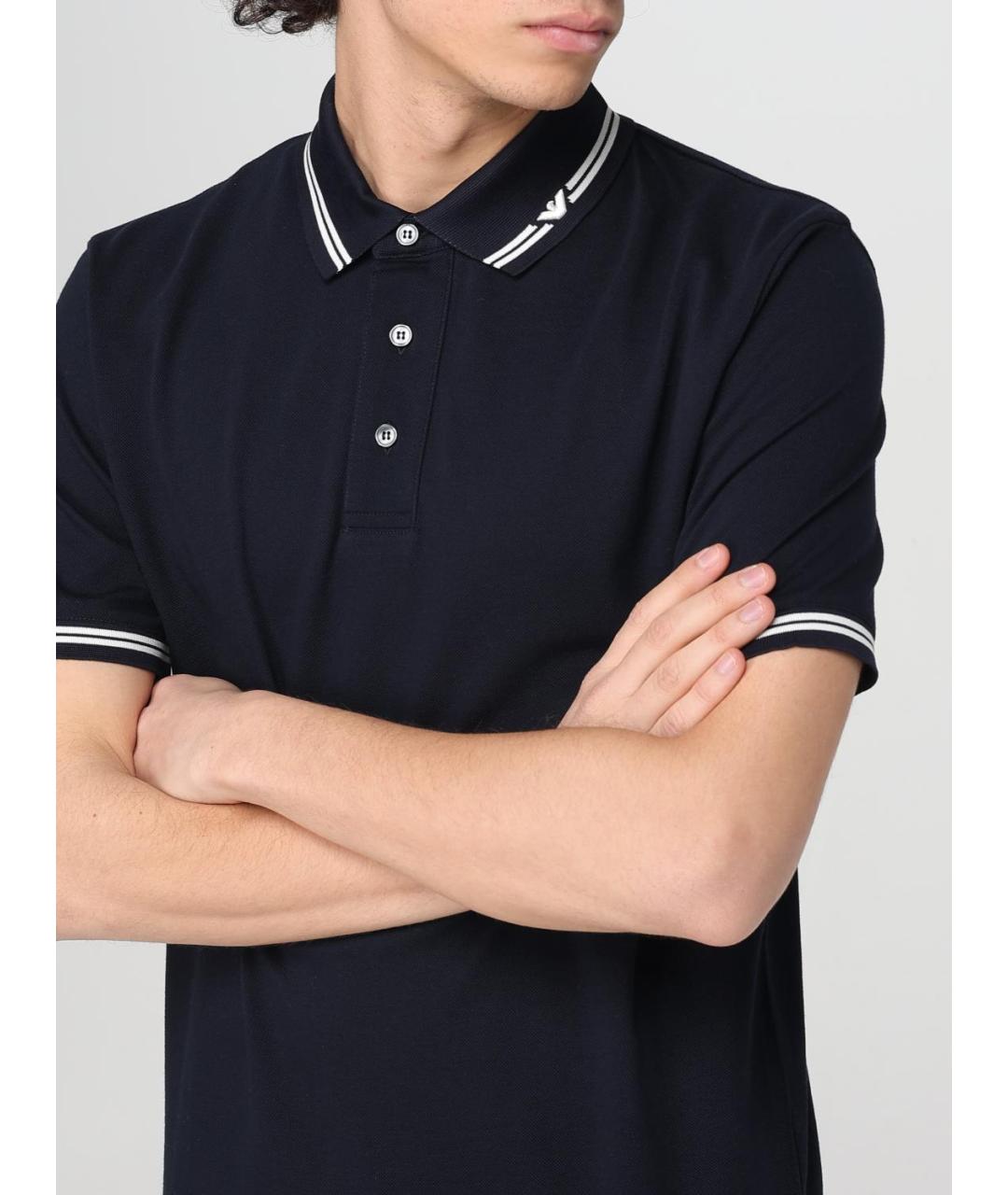 EMPORIO ARMANI Темно-синее хлопковое поло с коротким рукавом, фото 3
