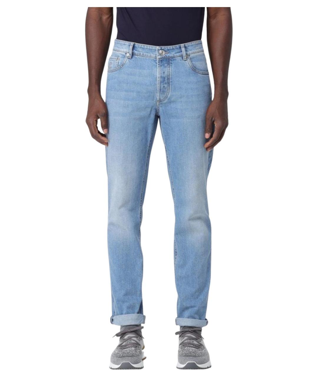 BRUNELLO CUCINELLI Голубые хлопковые прямые джинсы, фото 1