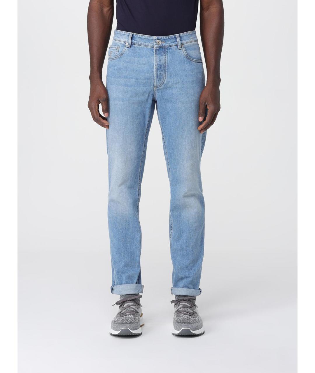 BRUNELLO CUCINELLI Голубые хлопковые прямые джинсы, фото 6