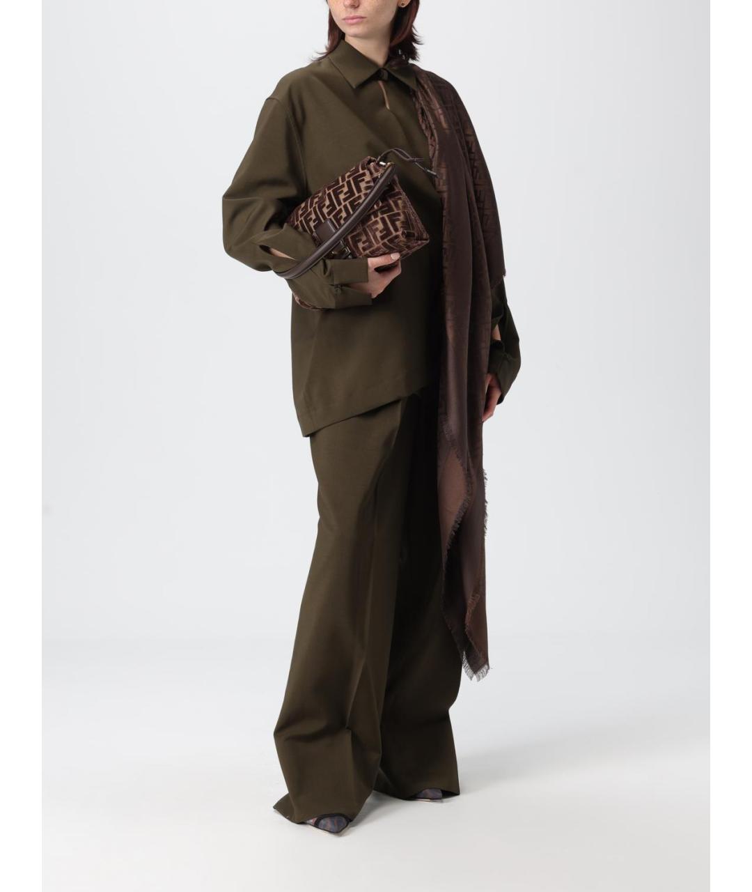 FENDI Хаки шерстяные прямые брюки, фото 3