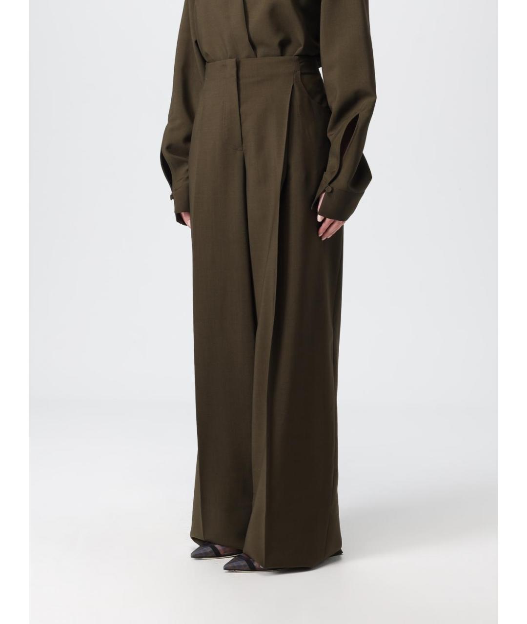 FENDI Хаки шерстяные прямые брюки, фото 5