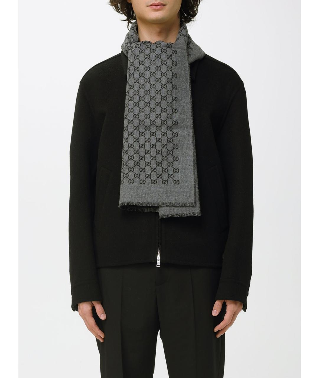 GUCCI Серый шерстяной шарф, фото 2