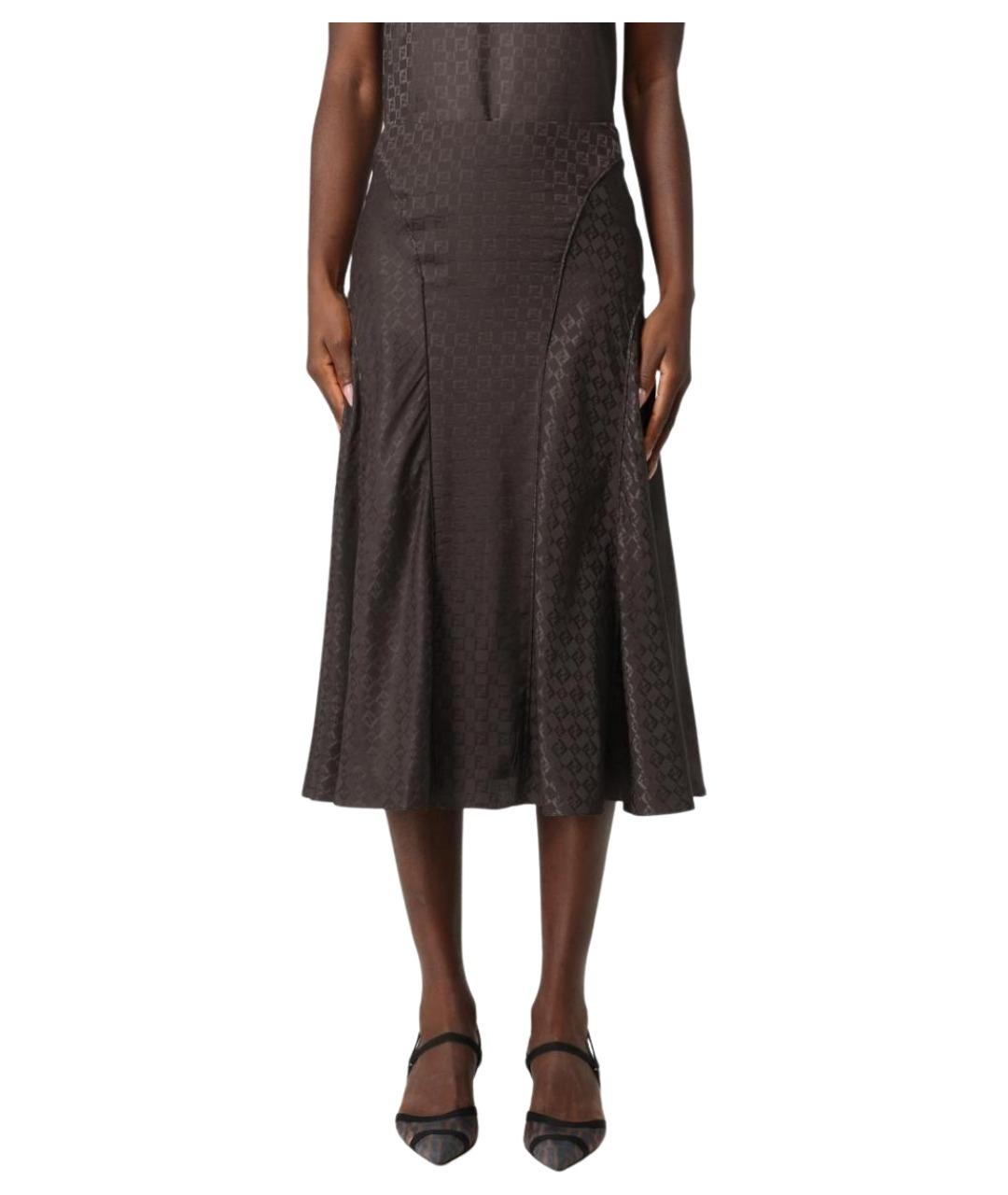 FENDI Коричневая шелковая юбка миди, фото 1