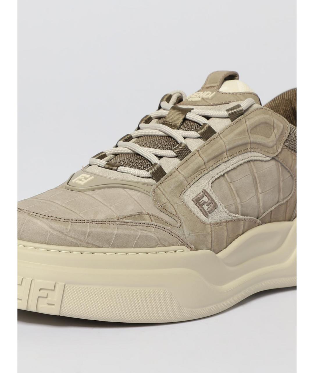 FENDI Хаки кожаные низкие кроссовки / кеды, фото 4