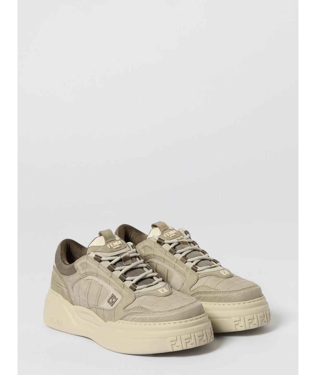FENDI Хаки кожаные низкие кроссовки / кеды, фото 2