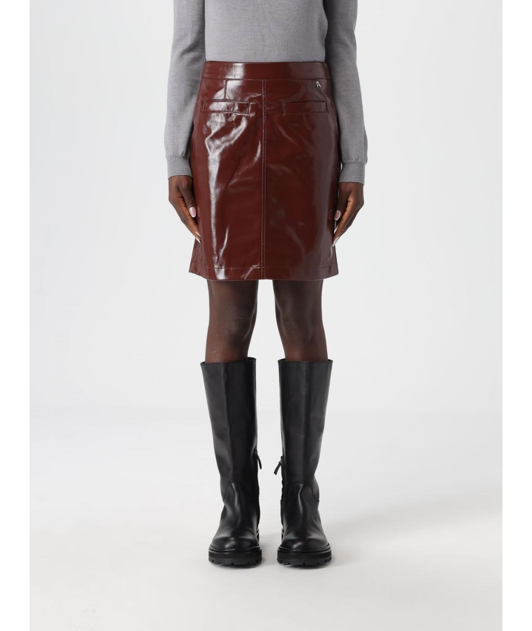 TWIN-SET Коричневая полиуретановая юбка миди, фото 4