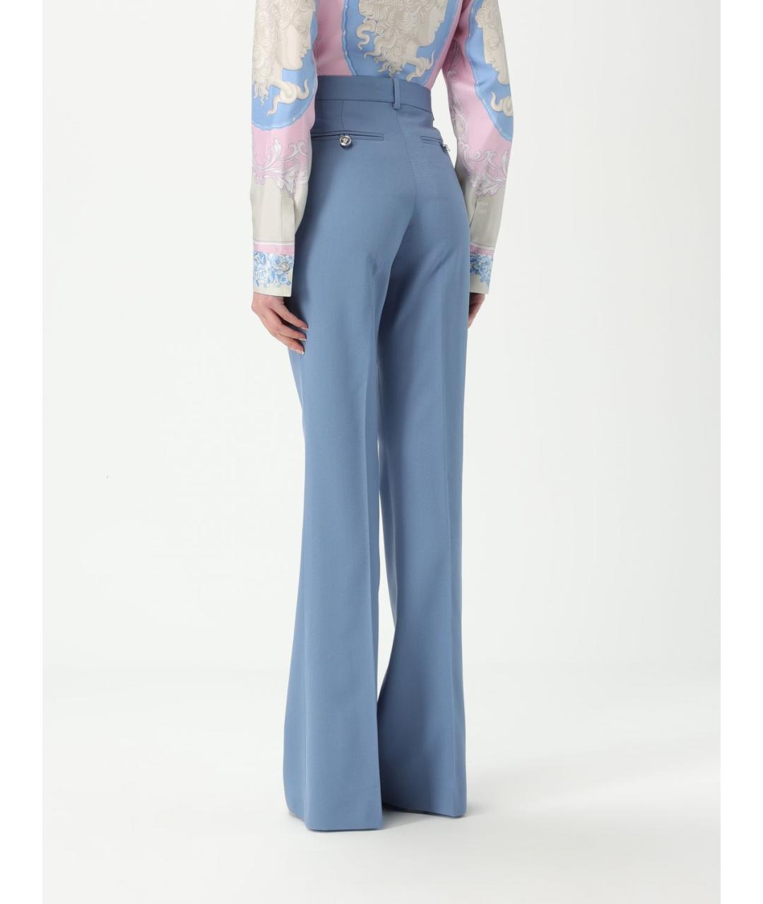 VERSACE Голубые шерстяные прямые брюки, фото 3