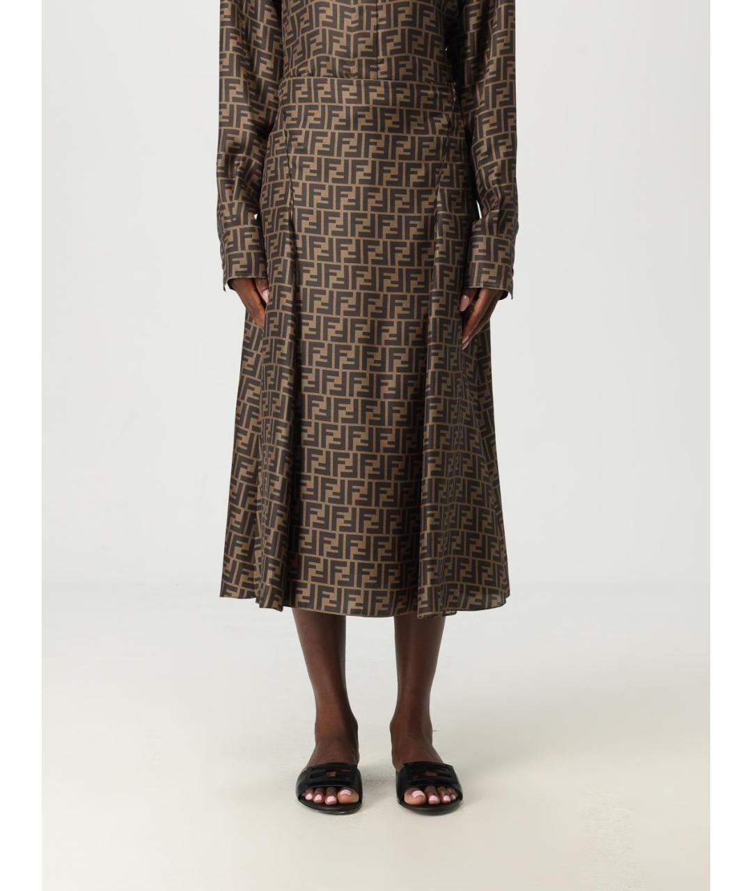 FENDI Коричневая шелковая юбка миди, фото 6