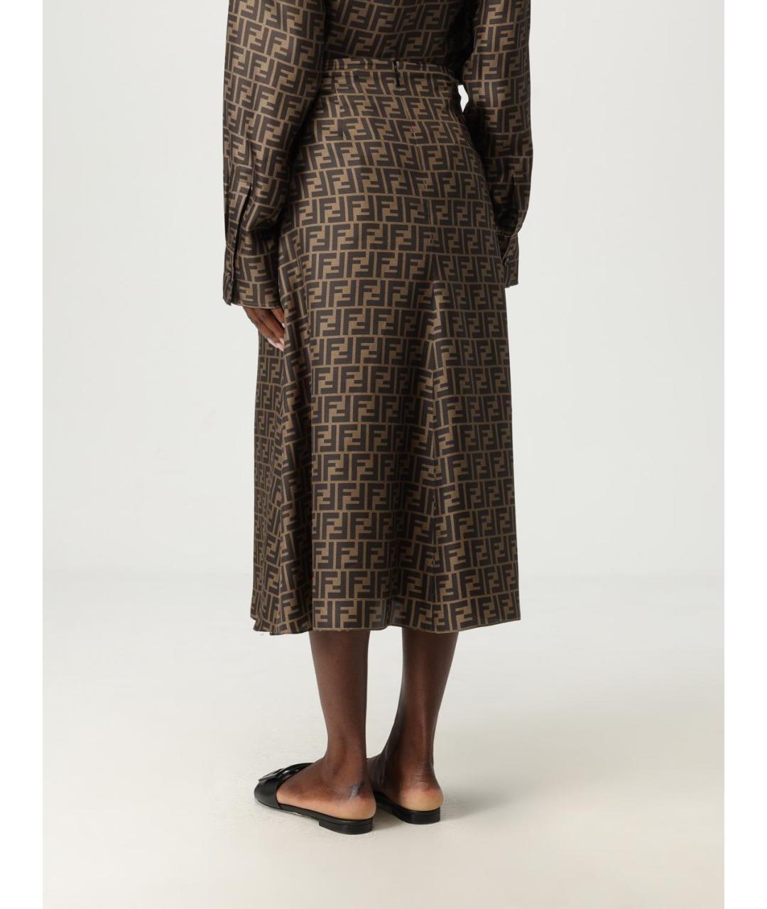 FENDI Коричневая шелковая юбка миди, фото 3
