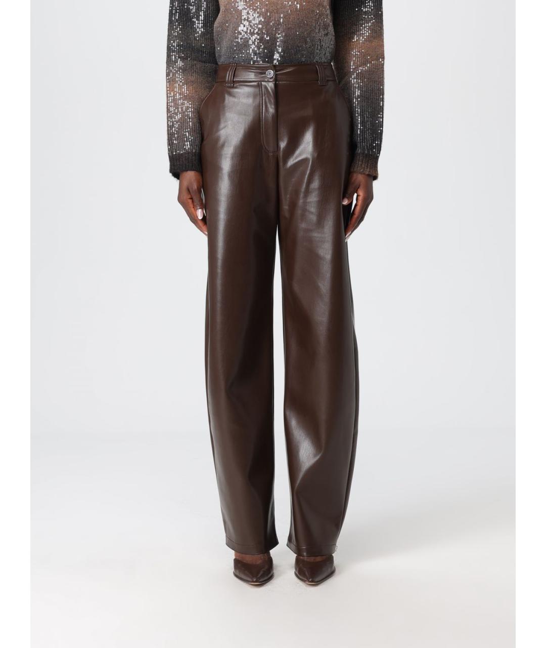 PINKO Коричневые полиуретановые прямые брюки, фото 2