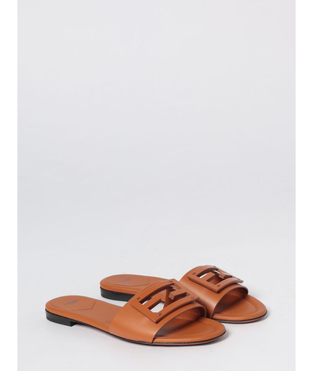 FENDI Коричневые кожаные шлепанцы, фото 2