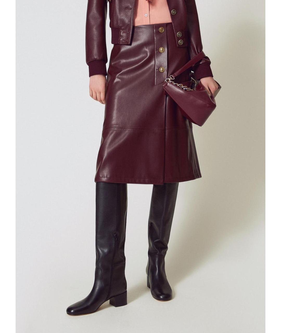 TWIN-SET Бордовая атласная юбка миди, фото 2