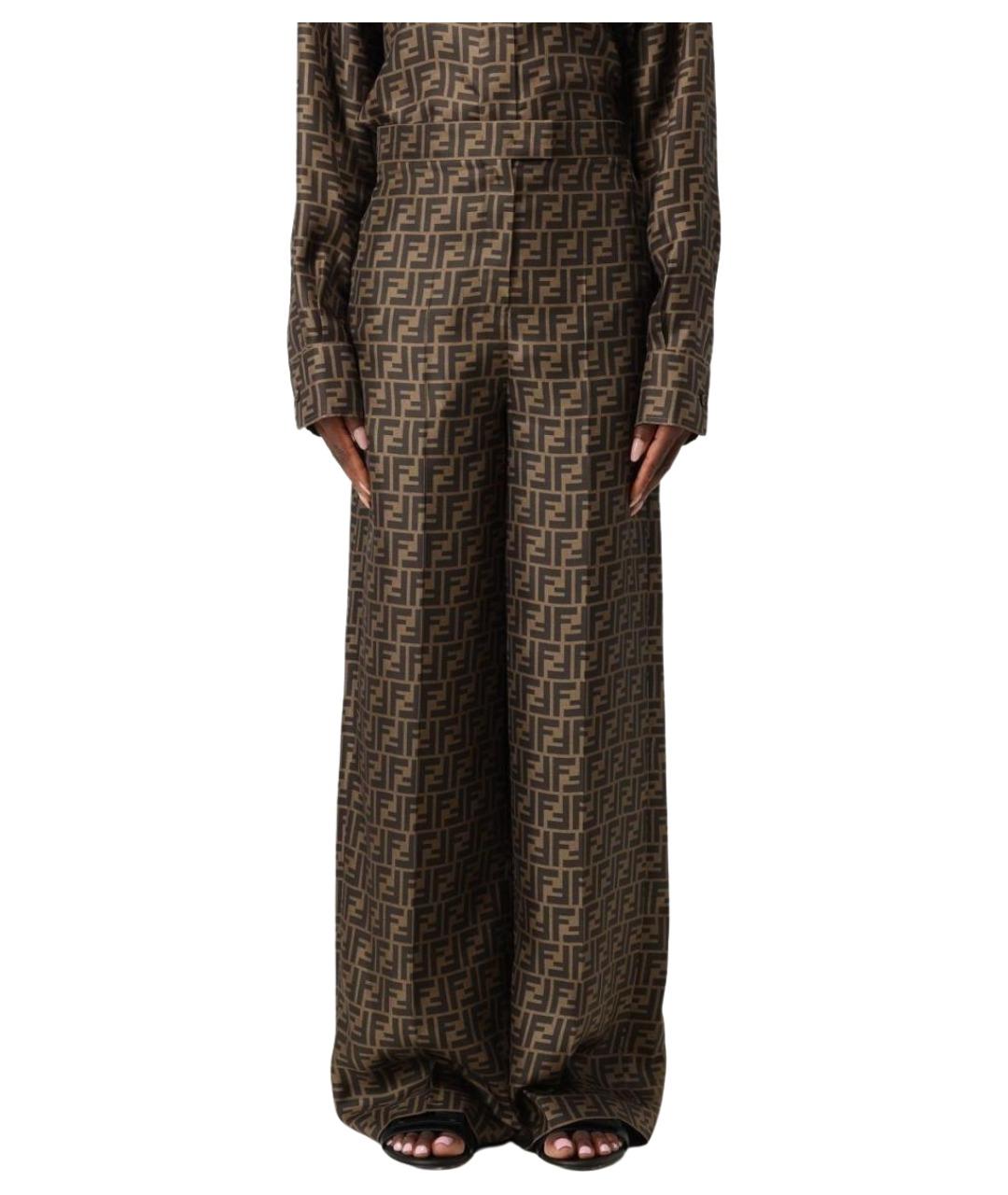 FENDI Коричневые шелковые прямые брюки, фото 1