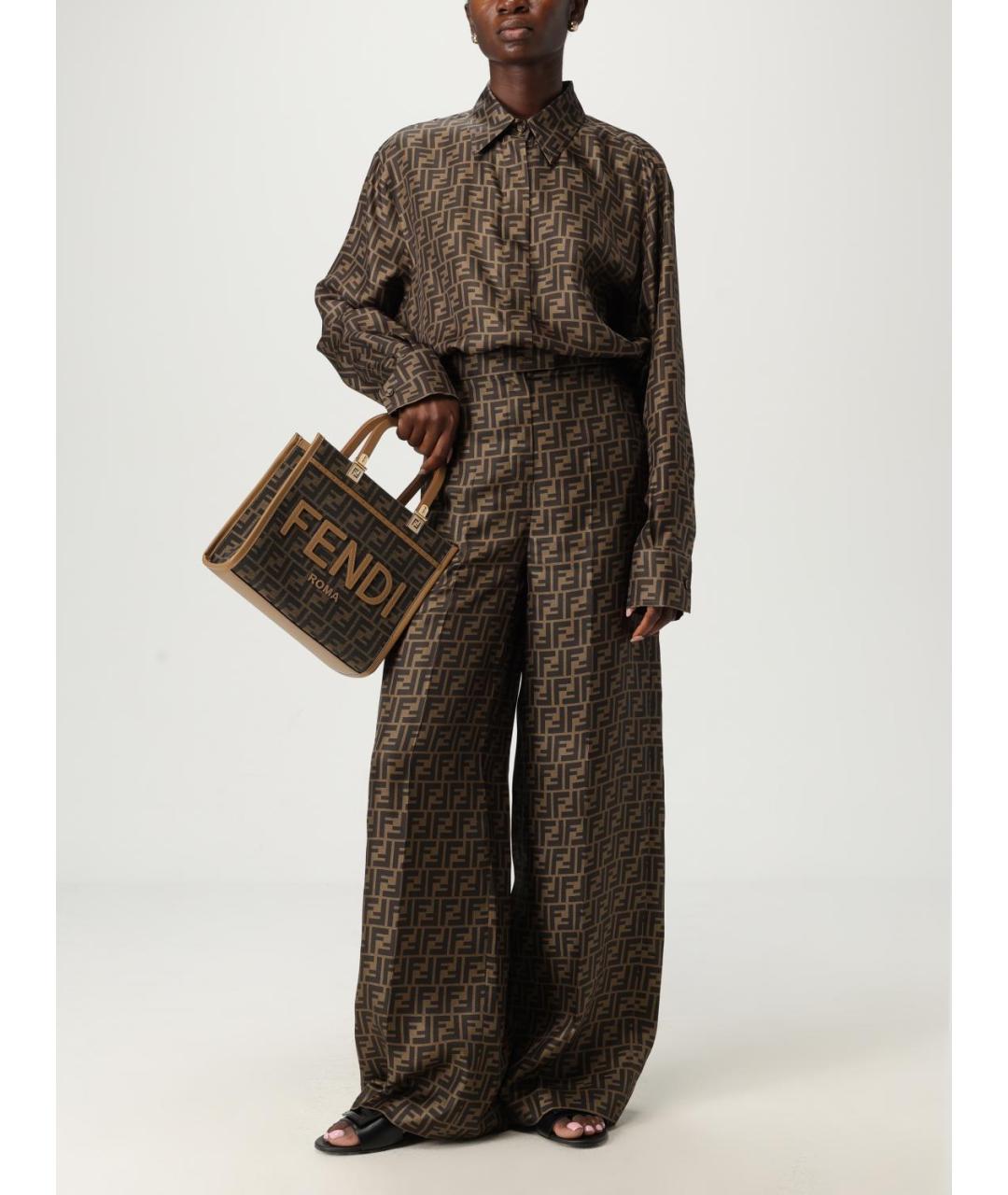 FENDI Коричневые шелковые прямые брюки, фото 2