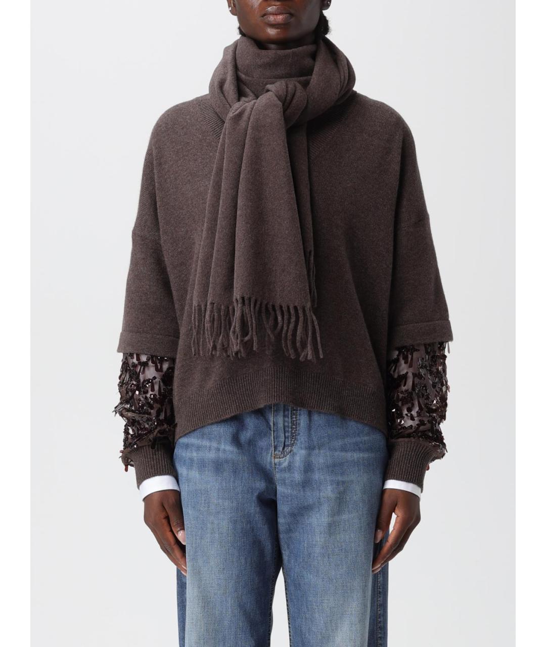 BRUNELLO CUCINELLI Коричневый кашемировый шарф, фото 2
