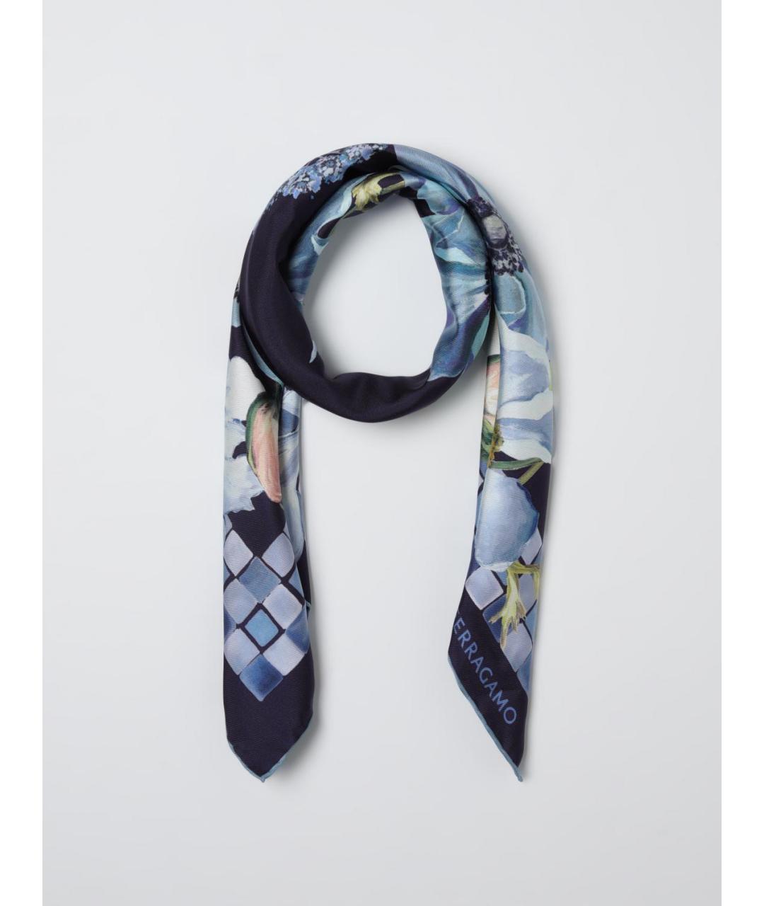 FERRAGAMO Синий шелковый шарф, фото 2