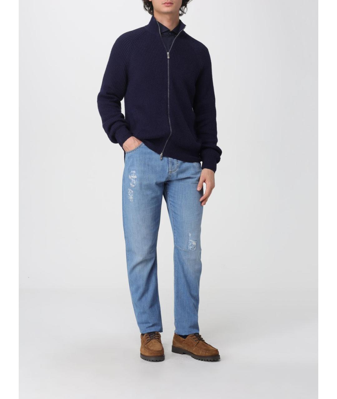 BRUNELLO CUCINELLI Голубые хлопковые прямые джинсы, фото 2