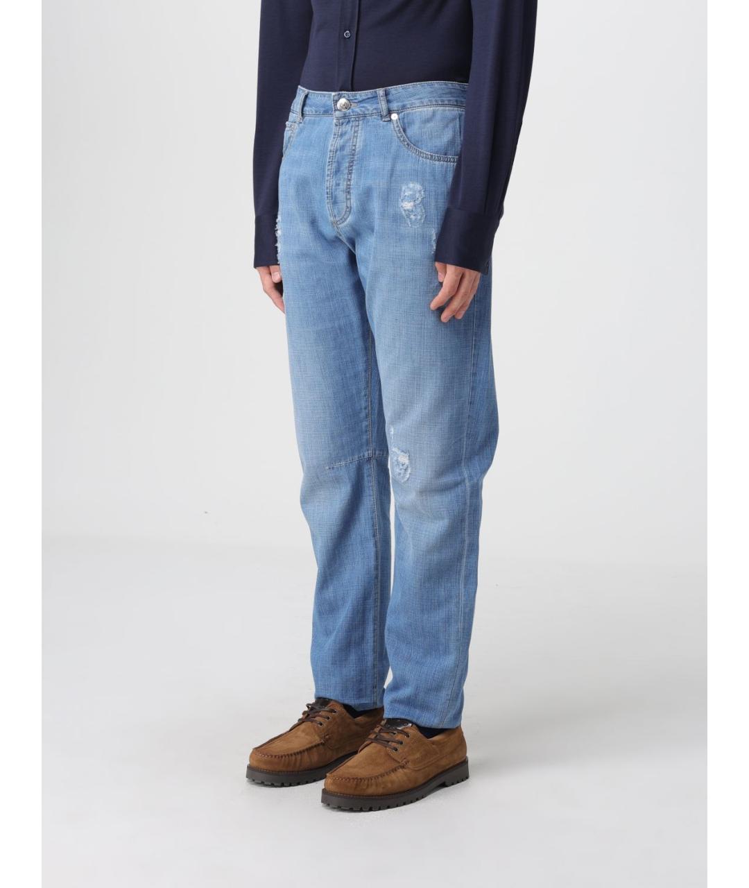 BRUNELLO CUCINELLI Голубые хлопковые прямые джинсы, фото 4