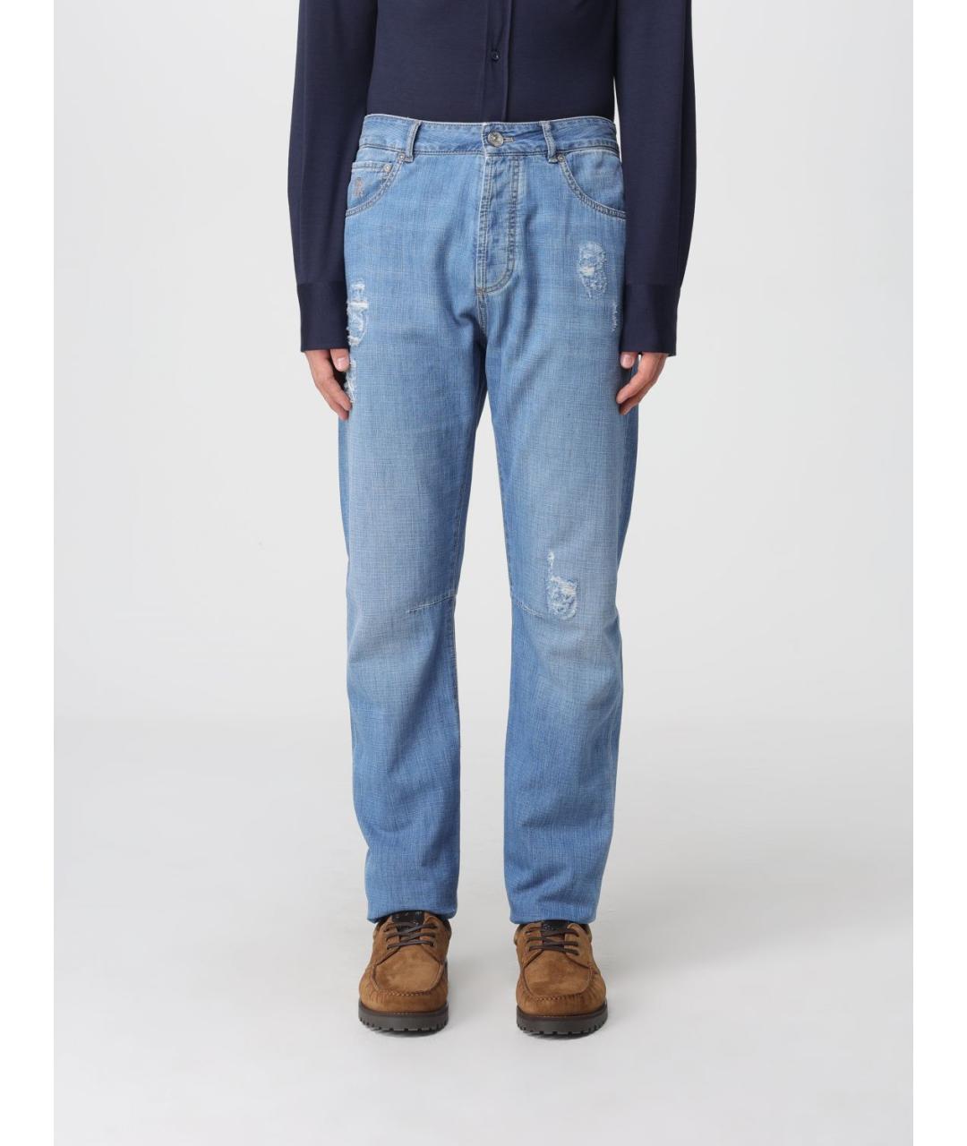 BRUNELLO CUCINELLI Голубые хлопковые прямые джинсы, фото 6