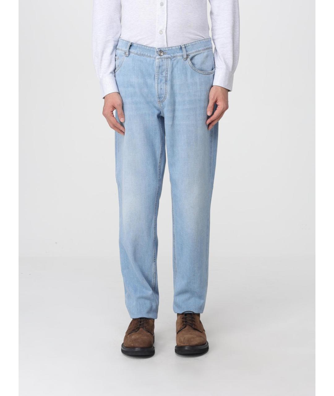 BRUNELLO CUCINELLI Голубые хлопковые прямые джинсы, фото 6