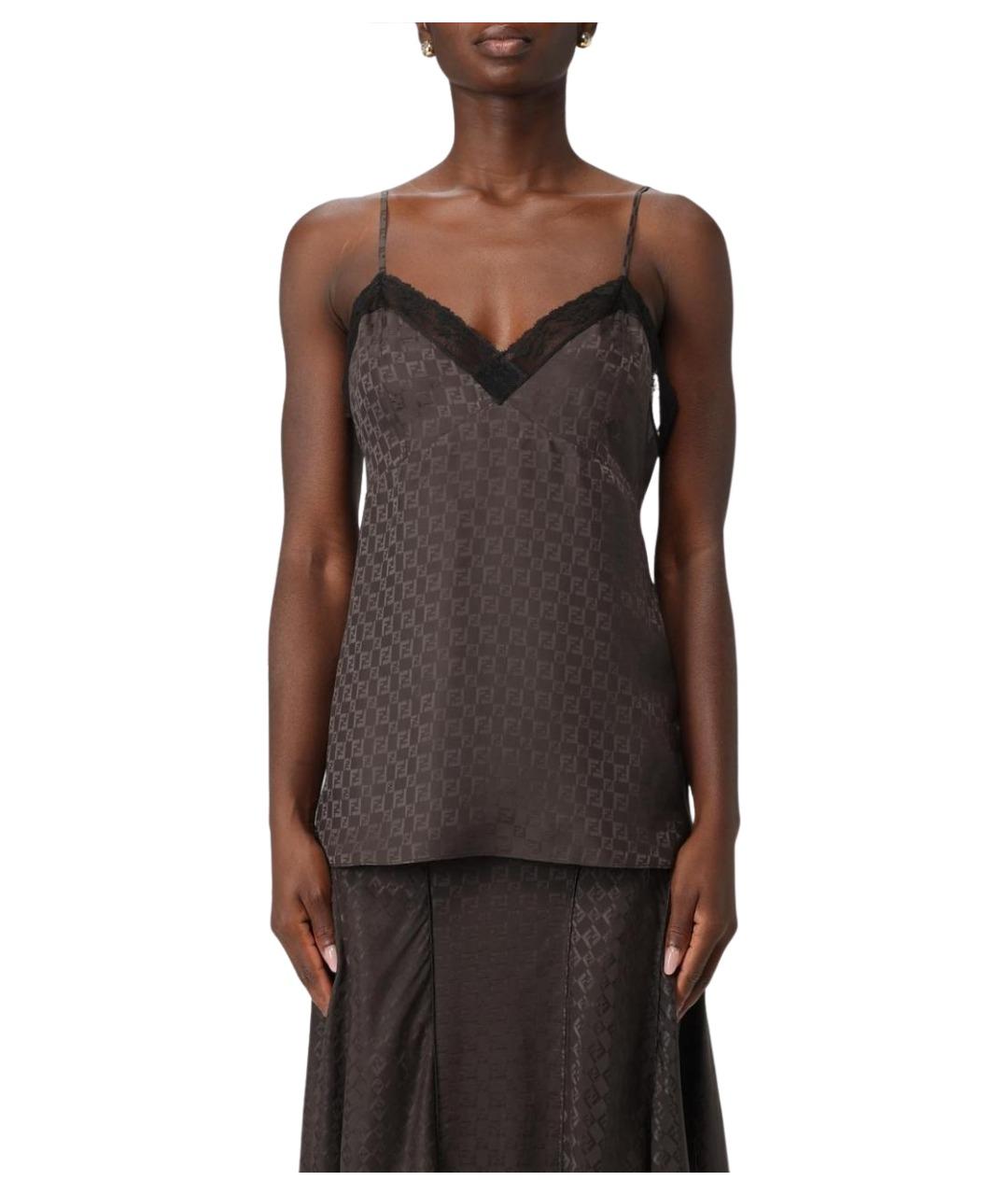 FENDI Коричневая шелковая майка, фото 1