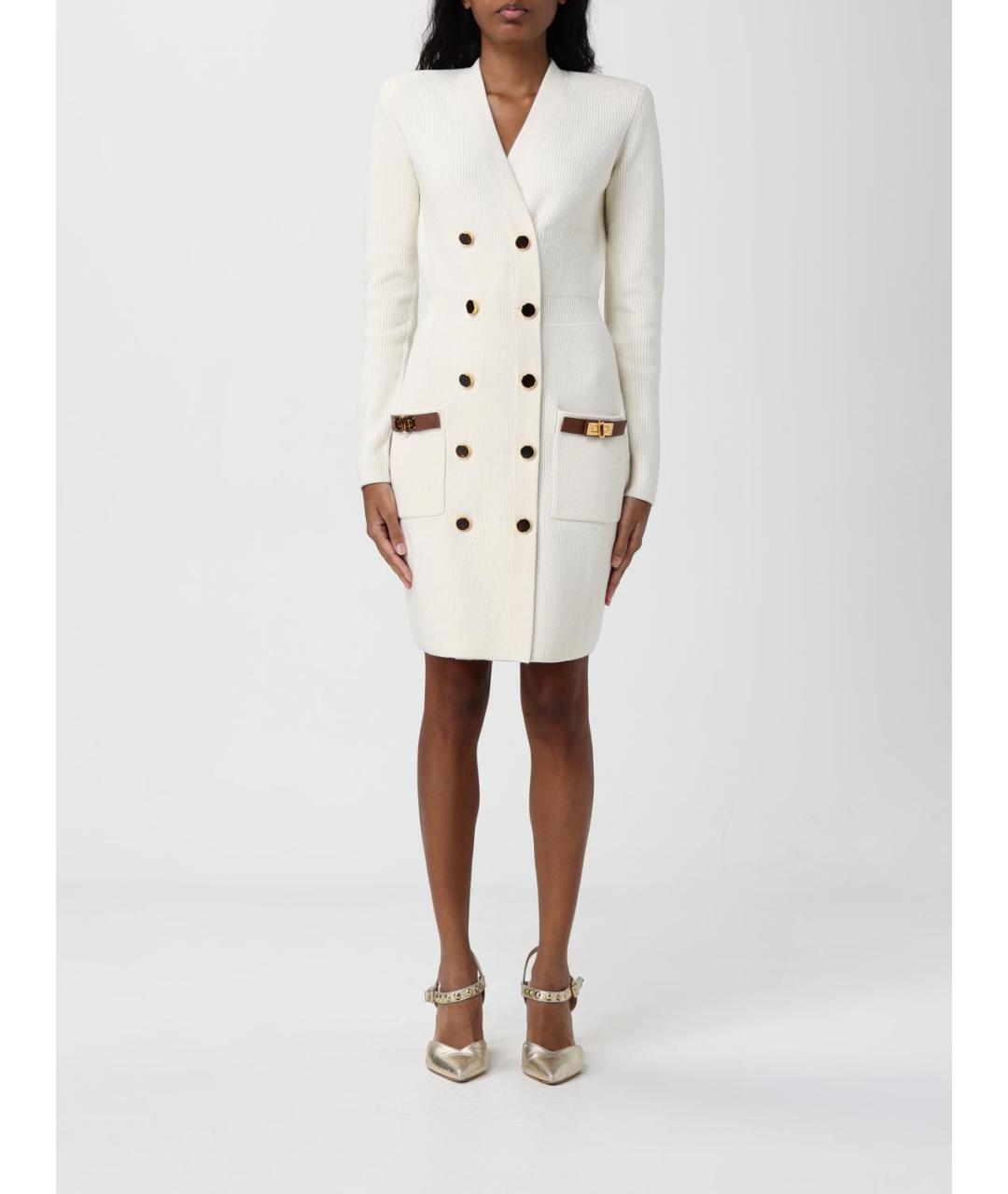 ELISABETTA FRANCHI Бежевое шерстяное повседневное платье, фото 4