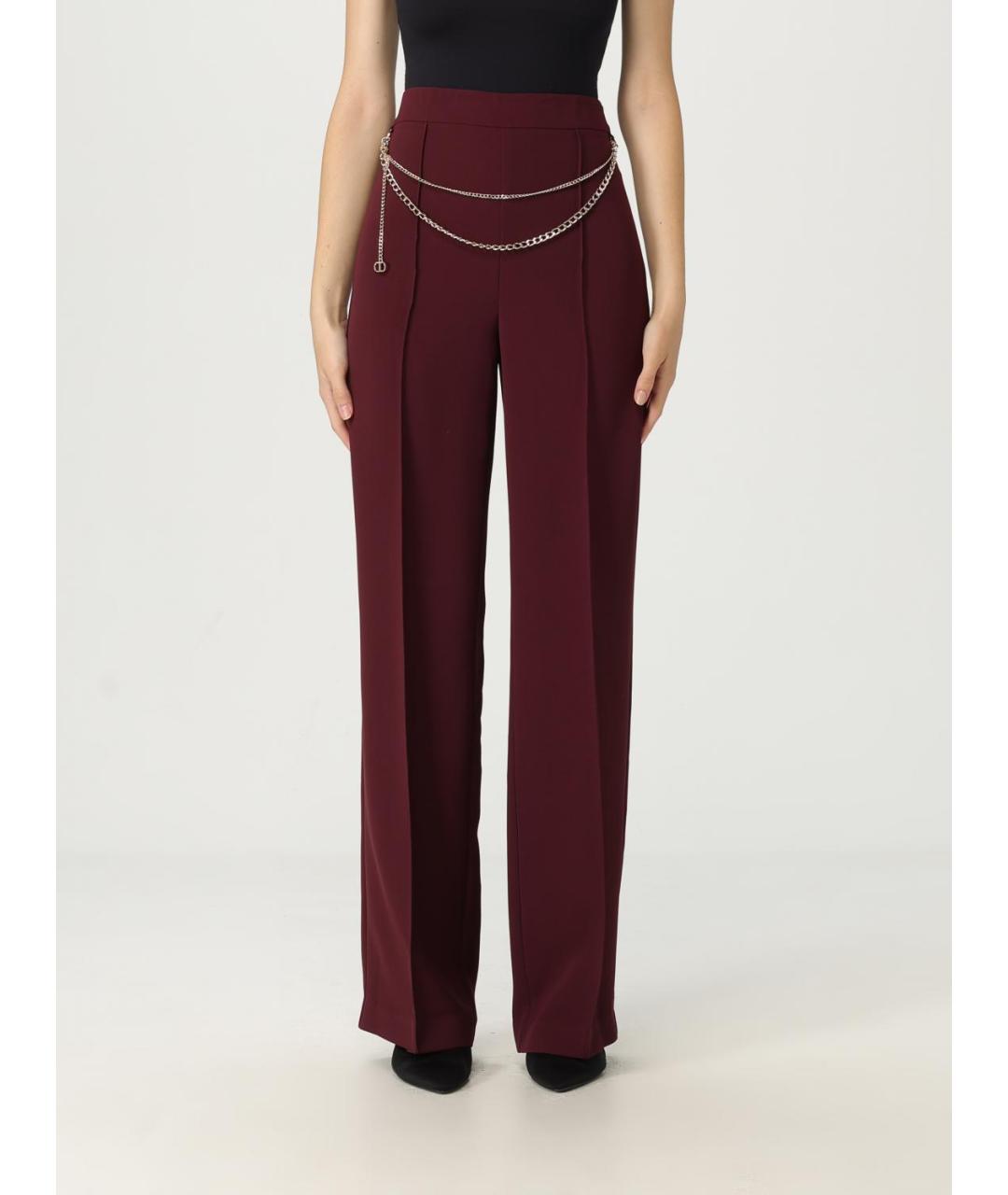 TWIN-SET Бордовые полиэстеровые прямые брюки, фото 4