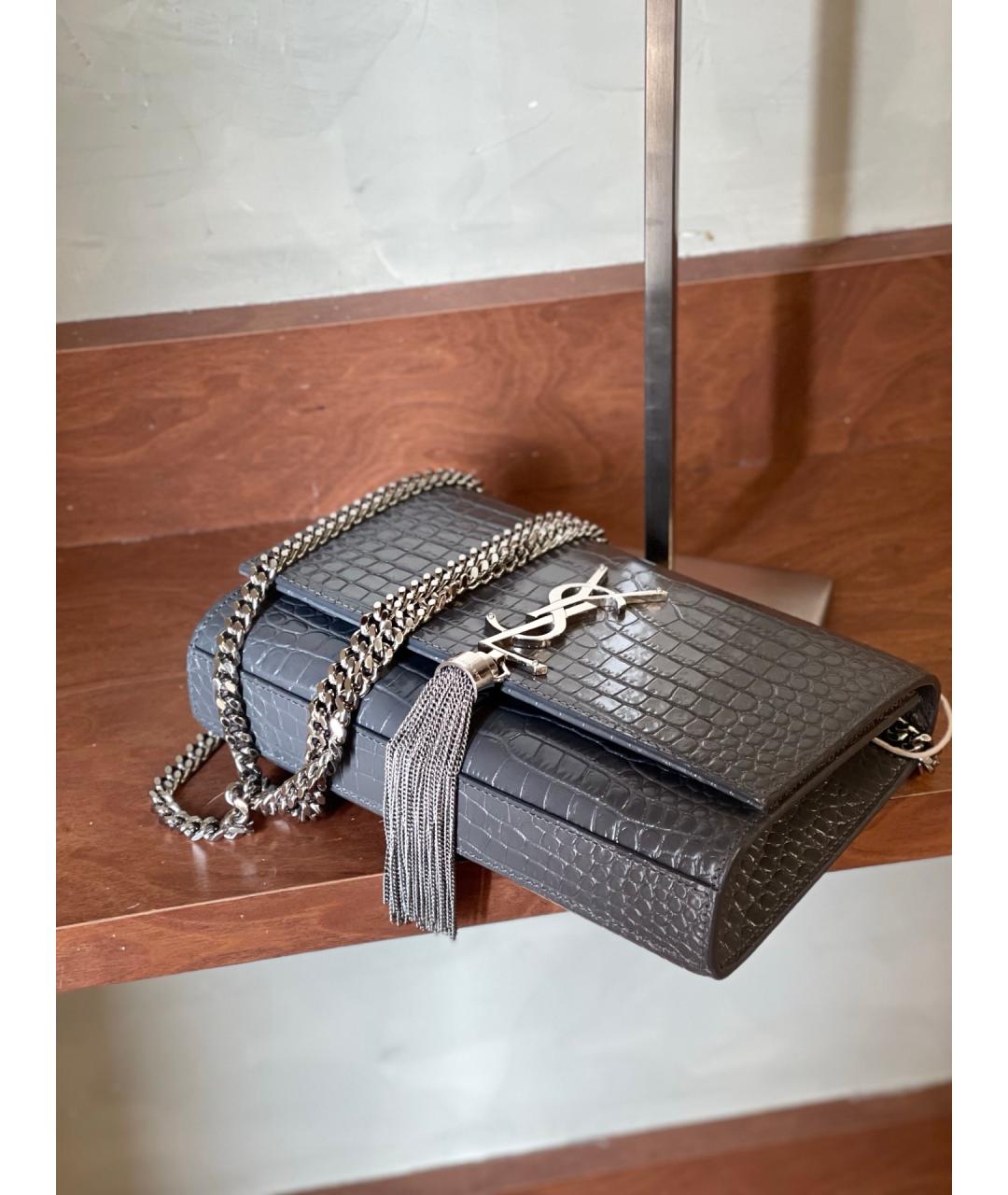 SAINT LAURENT Серая кожаная сумка через плечо, фото 6