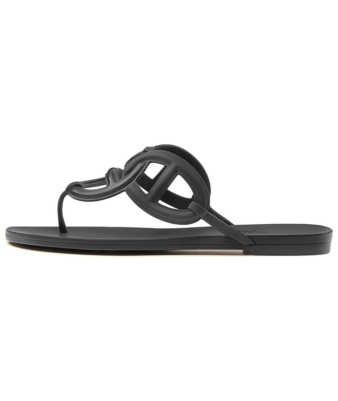 HERMES Черные резиновые шлепанцы, фото 2