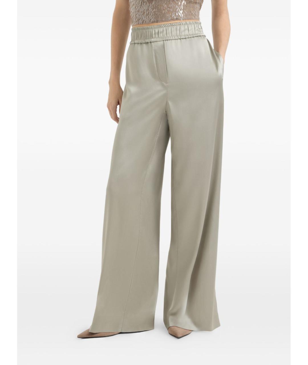 BRUNELLO CUCINELLI Зеленые шелковые прямые брюки, фото 2