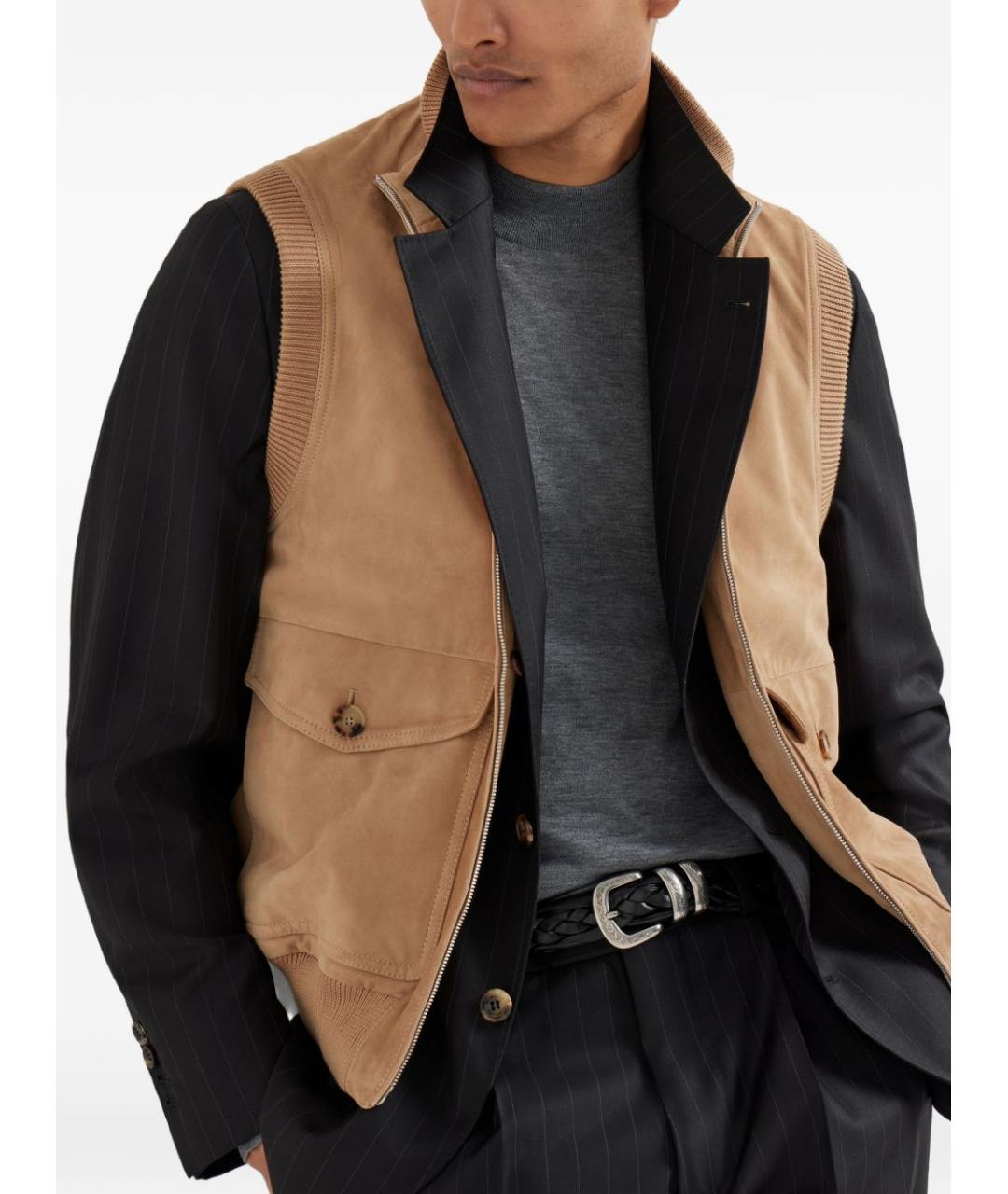 BRUNELLO CUCINELLI Бежевый кожаный жилет, фото 3