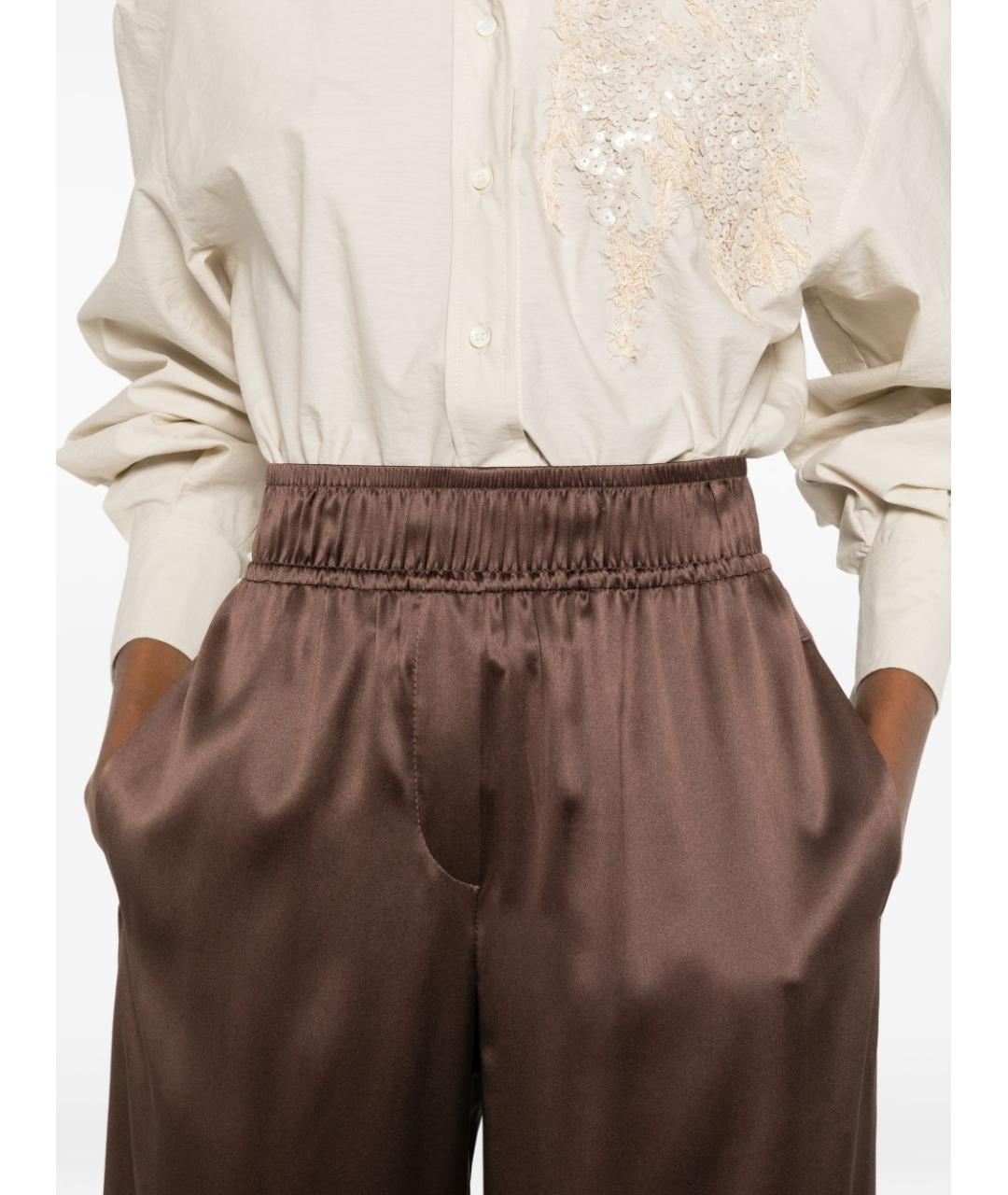 BRUNELLO CUCINELLI Коричневые шелковые прямые брюки, фото 3
