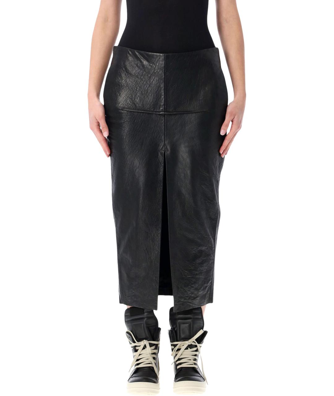 RICK OWENS Черная кожаная юбка миди, фото 1