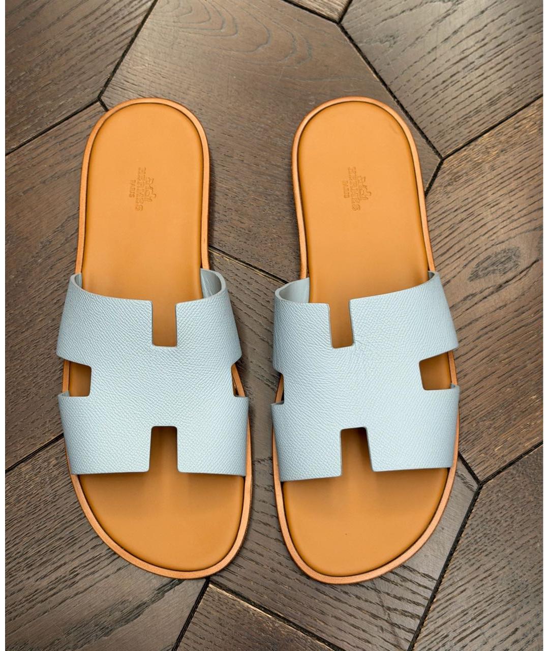 HERMES Голубые кожаные шлепанцы, фото 3