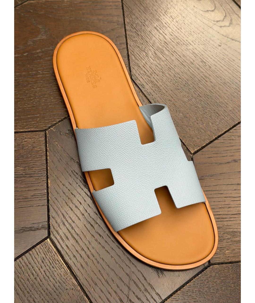 HERMES Голубые кожаные шлепанцы, фото 4