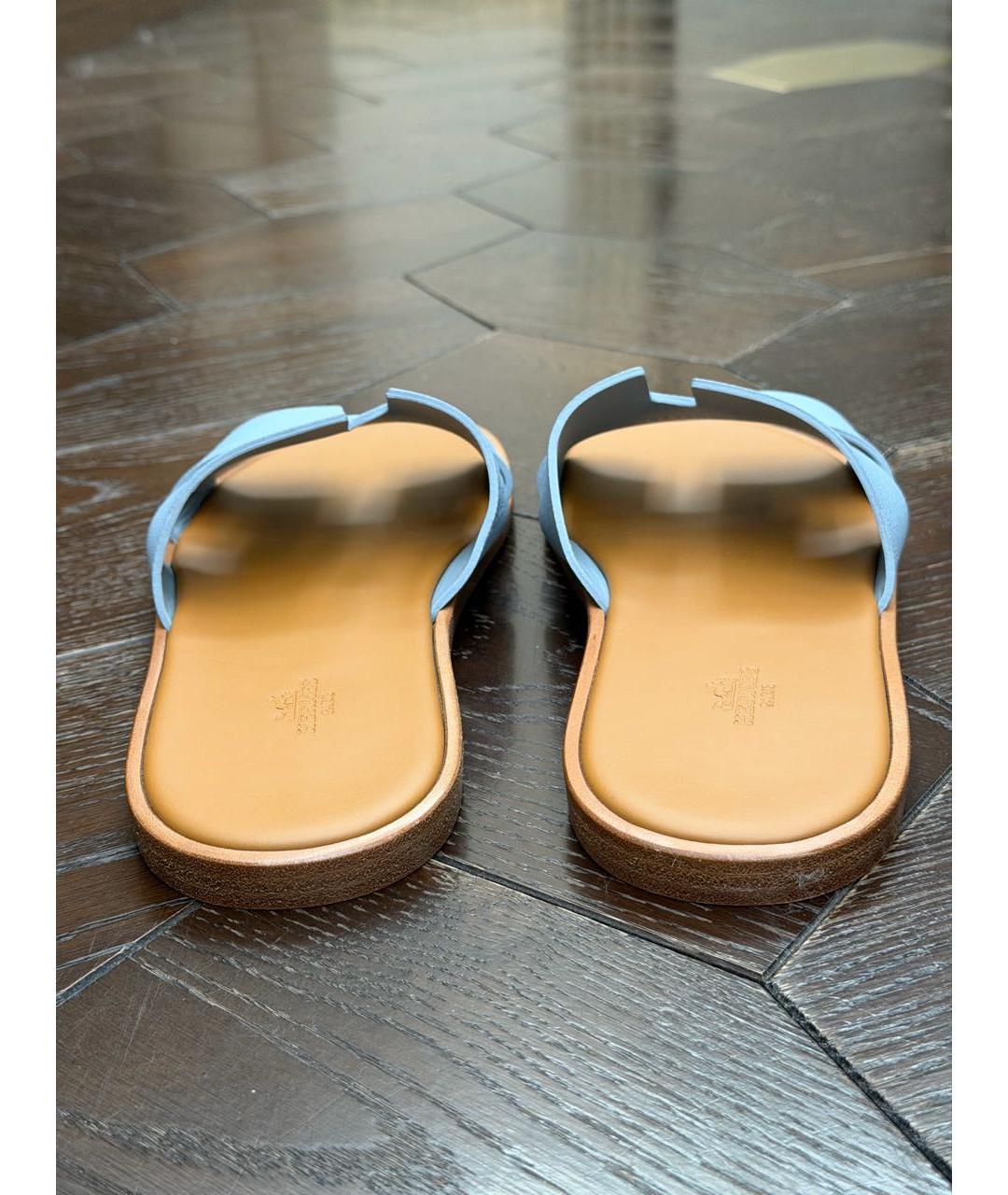 HERMES Голубые кожаные шлепанцы, фото 6