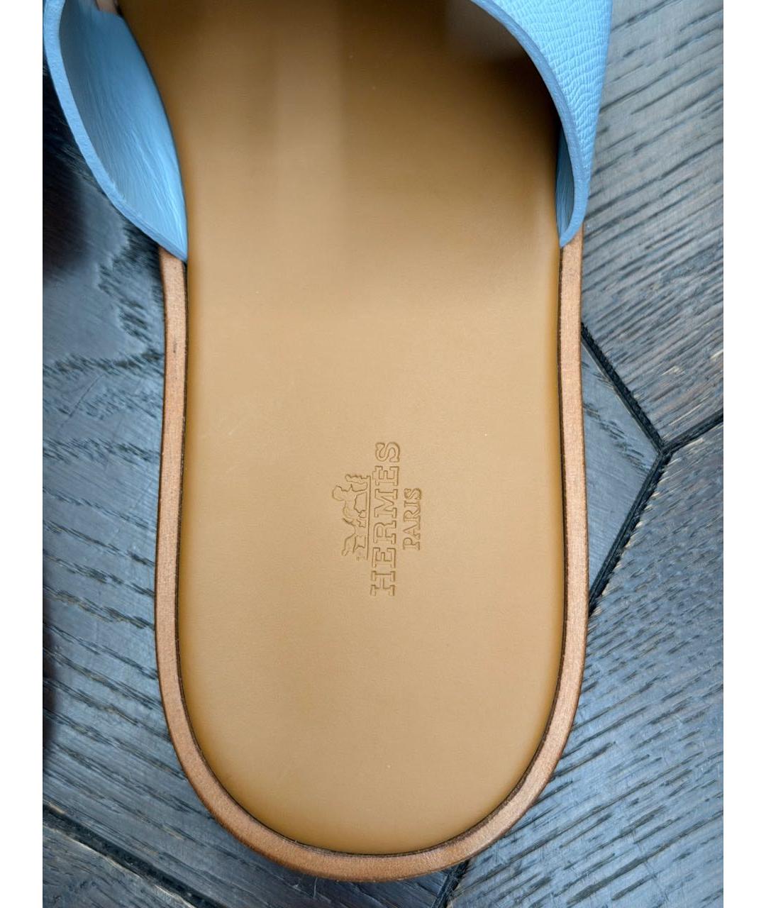 HERMES Голубые кожаные шлепанцы, фото 5