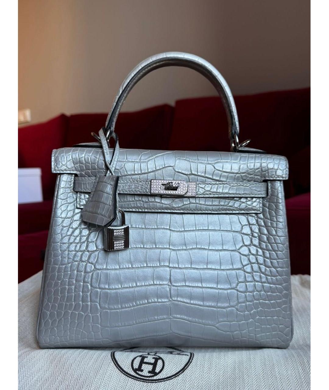 HERMES Серебряная сумка с короткими ручками из экзотической кожи, фото 9