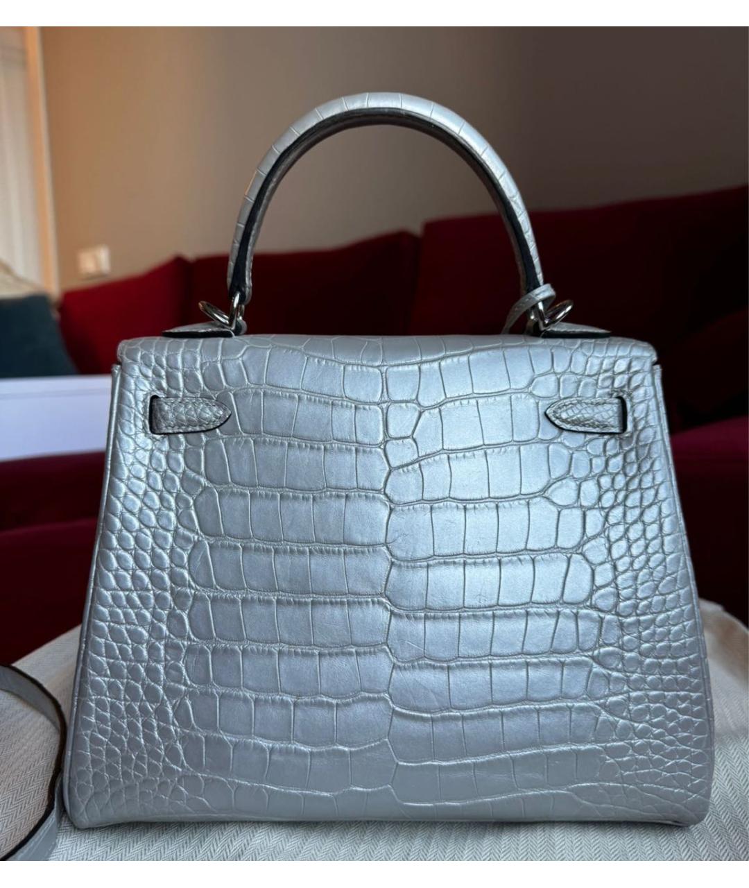 HERMES Серебряная сумка с короткими ручками из экзотической кожи, фото 2