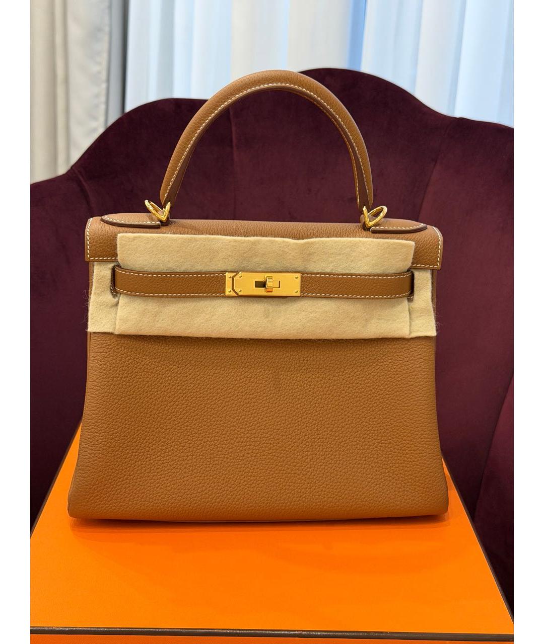 HERMES Коричневая кожаная сумка с короткими ручками, фото 5