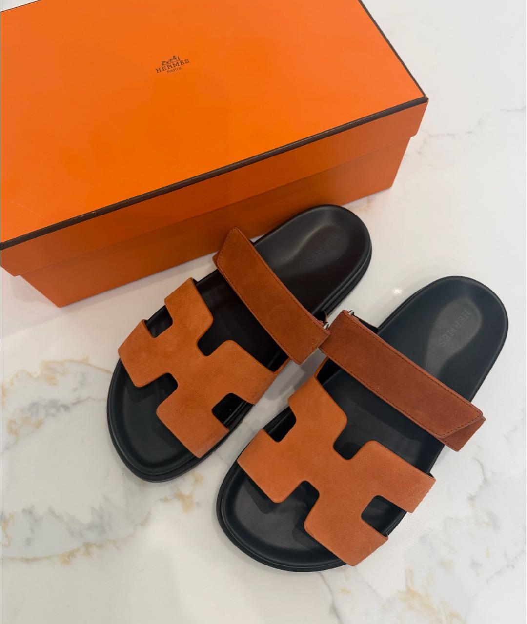 HERMES Оранжевое замшевые шлепанцы, фото 5