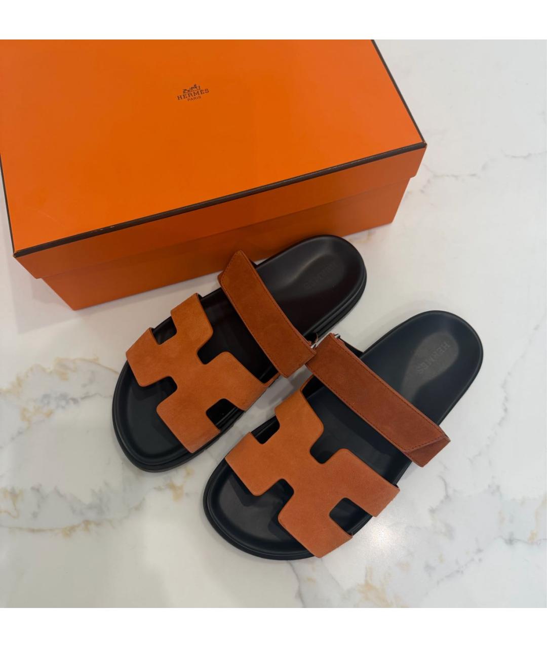 HERMES Оранжевое замшевые шлепанцы, фото 2