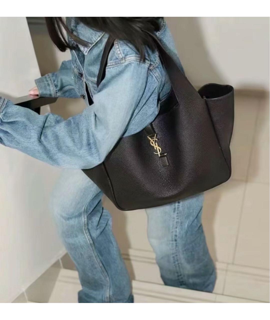 SAINT LAURENT Черная кожаная сумка тоут, фото 8