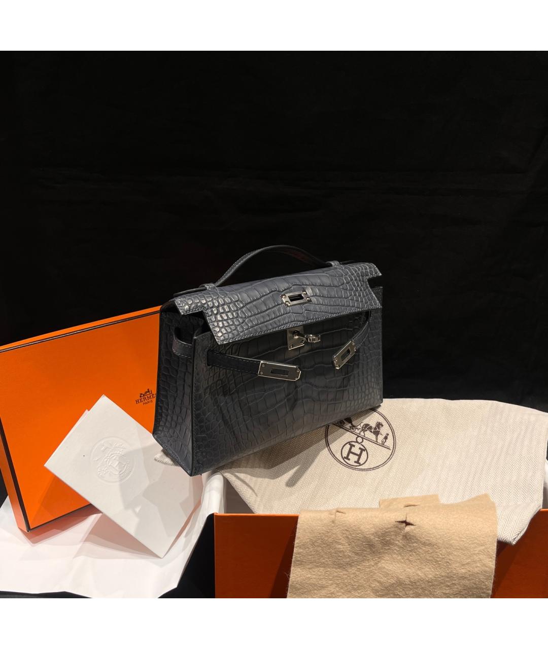 HERMES Серая кожаная сумка с короткими ручками, фото 4