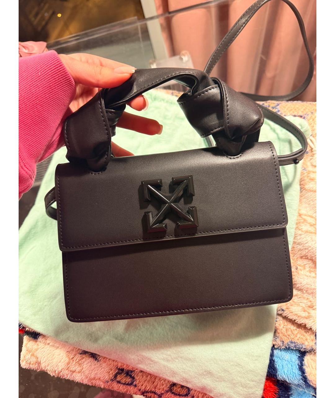 OFF-WHITE Черная кожаная сумка с короткими ручками, фото 3