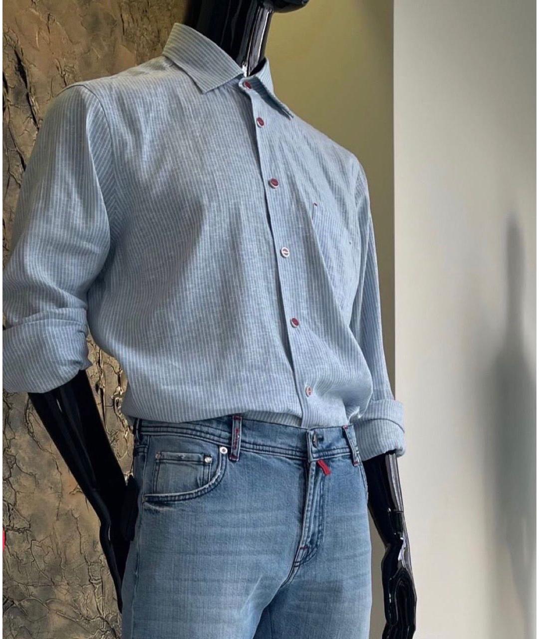 KITON Голубая льняная классическая рубашка, фото 6