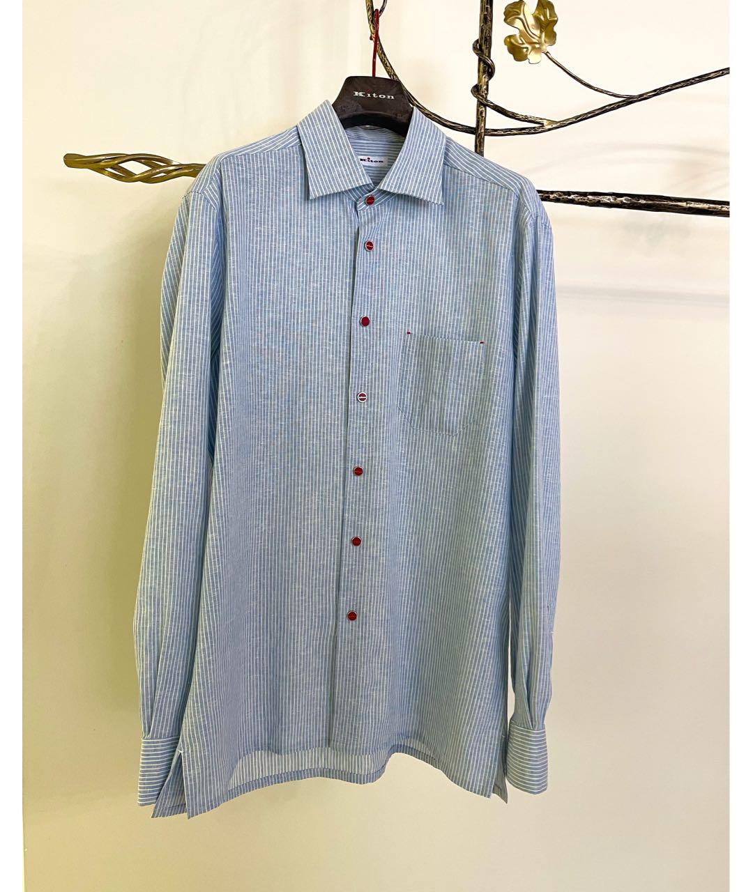 KITON Голубая льняная классическая рубашка, фото 8